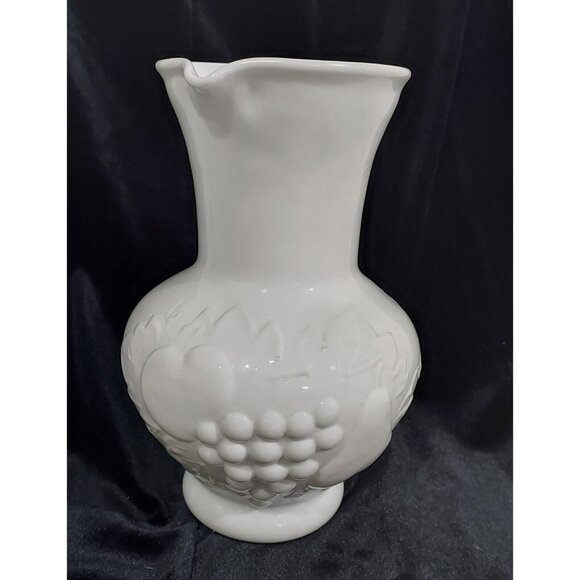 Unmarked Other - Antique Milk Glass Pitcher Applied Clear Handle Cottage Core Embossed Fruit